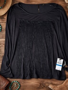 Skye’s The Limit Black Fringe Long Sleeve Top XL Boho Western Shirt